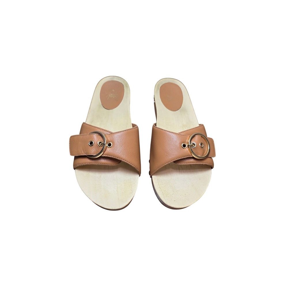 Beek Wood Sole Leather Slide Sandals Womens 7 Tan Buckle Studded Clogs Platform